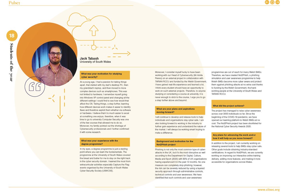 Our own <a href="/USWCybers/">USW Cyber Security</a> student Jack Tabash(<a href="/_ta_bash/">Jack</a>) <a href="/UniSouthWales/">University of South Wales</a> featured in Charted Institute of Information Security @CIISecHQ magazine under outstanding Cyber students in 2020. Proud of you Jack. 👋👋👋 ⭐️🏅 #CyberSecurity
