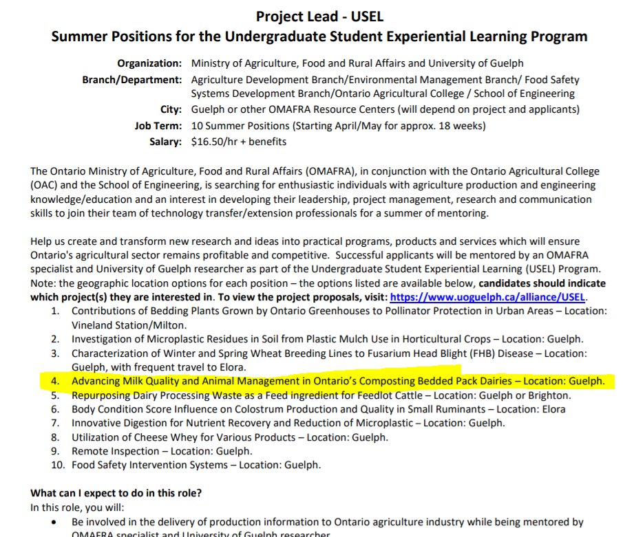 CtophWand's tweet photo. USEL #summerjob program @UofGuelphOAC @uofg remains open for applications until Jan 15. Note sweet project w. Dr. Bergeron, @Feedlandontario & me on #composting #bedded pack #dairy & #milk quality. Apply: https://t.co/icr8dF128Y I will offer another separate position in Jan https://t.co/3QWbs1VxV6