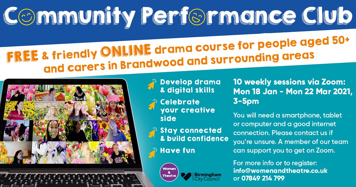 Womenandtheatre's tweet photo. Join us next year for our Community Performance Club.  A free &amp; friendly ONLINE drama course for people aged 50 + &amp; carers in Brandwood &amp; surrounding areas. 

10 weekly sessions for  Mon 18 Jan! https://t.co/tw9oF6OfCY