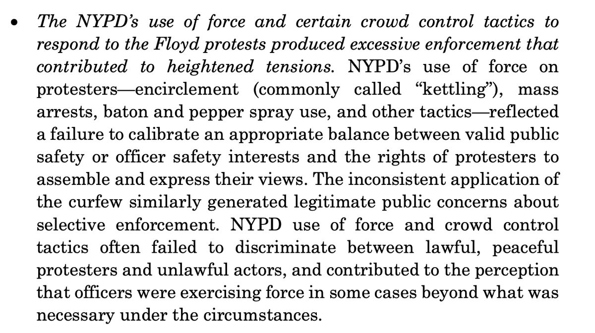 This is not surprising to anyone who was in NYC during the Spring, but still remarkable: NYPD's default setting in response to protests was to forcefully repress with "disorder control" tactics, ignoring 1st Amendment rights of thousands