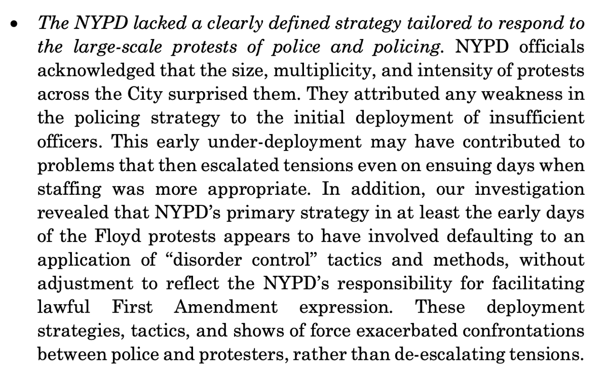 This is not surprising to anyone who was in NYC during the Spring, but still remarkable: NYPD's default setting in response to protests was to forcefully repress with "disorder control" tactics, ignoring 1st Amendment rights of thousands