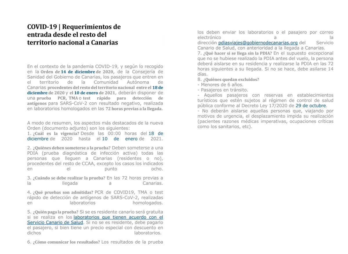 🔴 INFORMACIÓN IMPORTANTE PARA TODOS LOS VIAJEROS DE ORIGEN NACIONAL CON DESTINO ISLAS CANARIAS.
➡ En vigor desde hoy, 18 de diciembre de 2020, hasta el 10 de enero de 2021.
#PCR  #viajaracanarias
