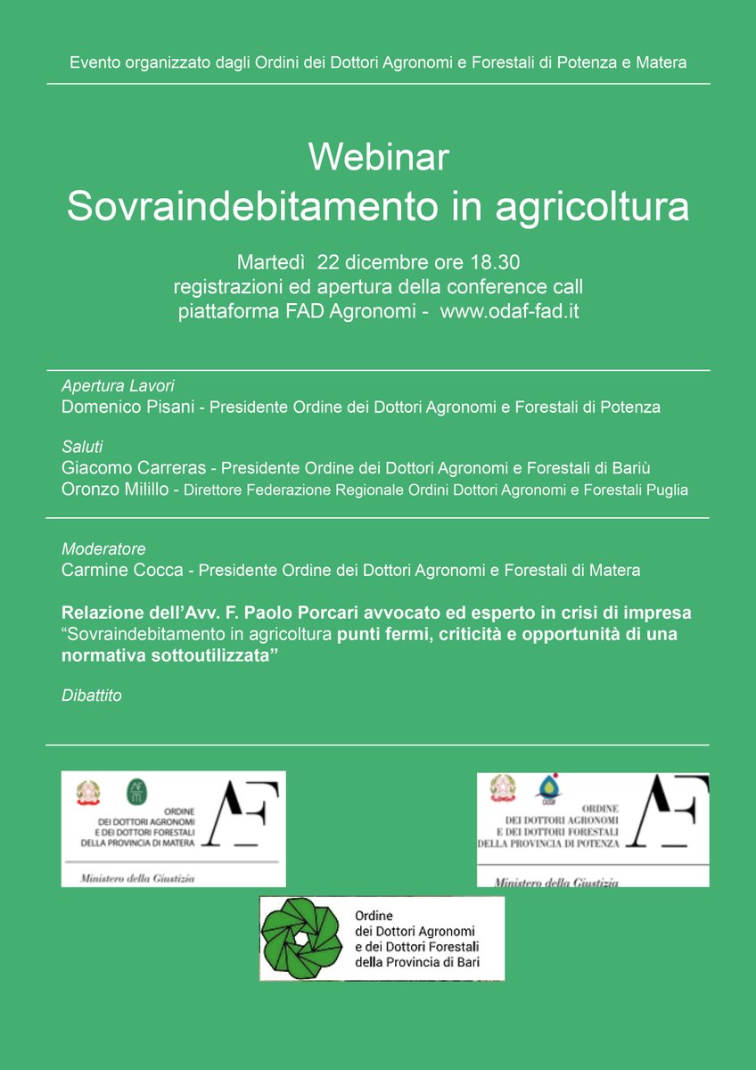 AFMatera's tweet photo. Il 22 webinar sul sovraindebitamento in agricoltura @paolo_porcari @agroforpz @_conaf https://t.co/Rp1Skc4IGs