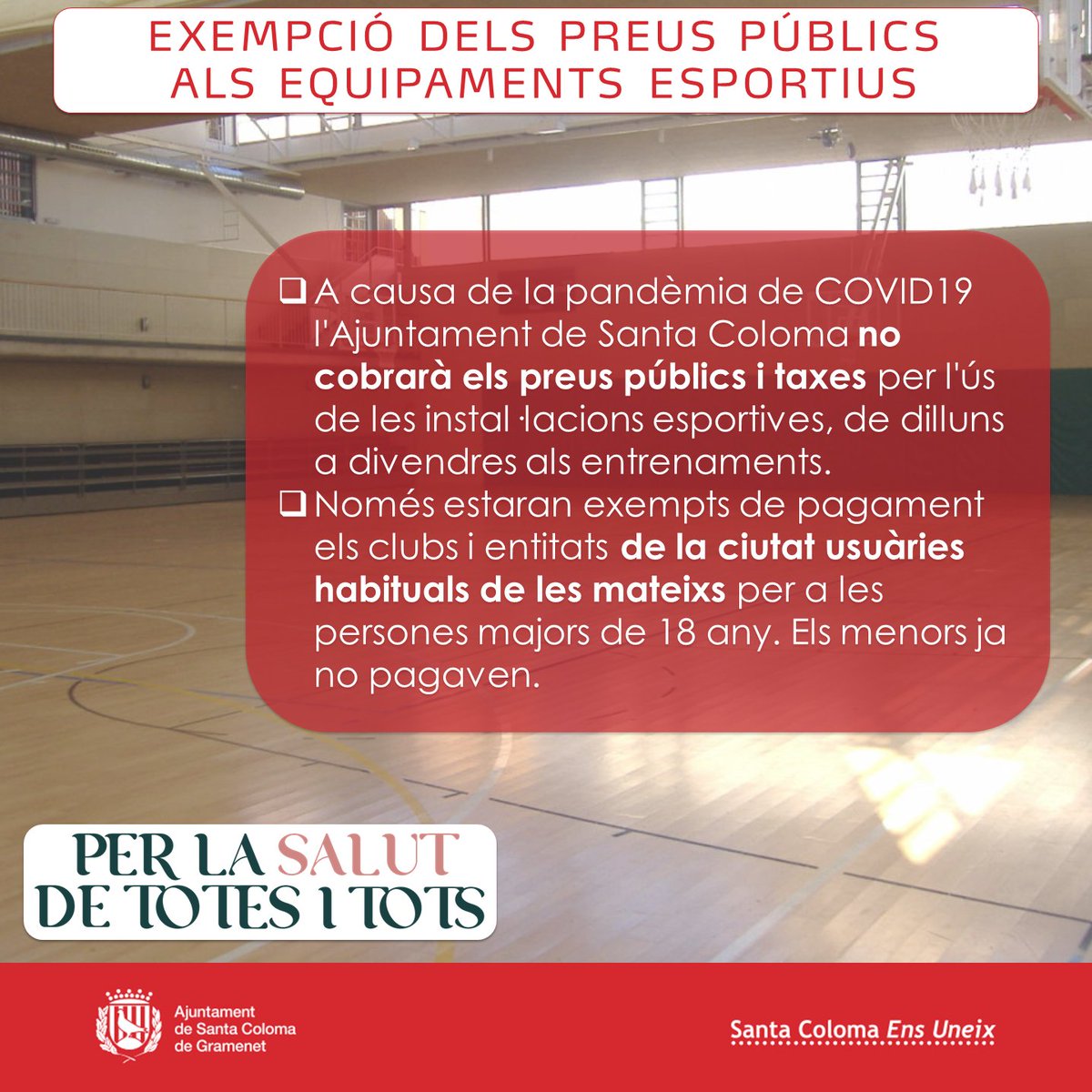 Exempció de taxes per als clubs i entitats de #santacoloma a les instal·lacions esportives. De dilluns a divendres, durant els entrenaments. <a href="/scgramenet/">Aj. Sta. Coloma Gram</a> <a href="/nademe8/">daniel salgado</a>