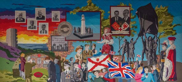 JerseyHeritage's tweet photo. #Lib75 is coming to an end. But we will continue to remember and celebrate, as illustrated by the 13th panel of the Occupation Tapestry, which shows how Jersey has marked Liberation over the years. #ourislandstory #communityspirit @Lib75Jsy https://t.co/gsFzz77Ic8
