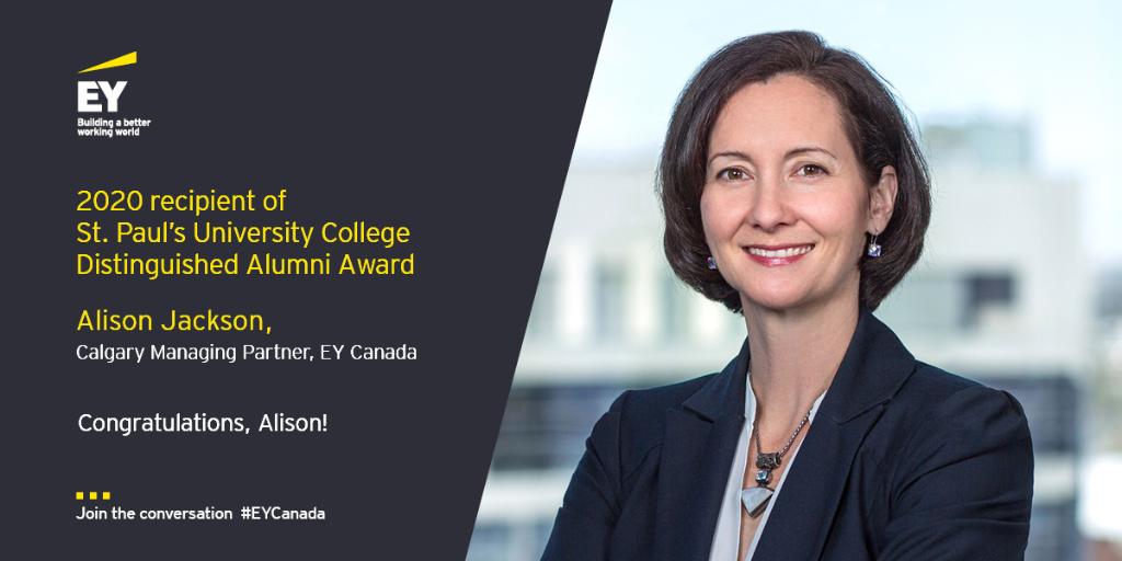 EYCanada's tweet photo. We’re proud to recognize Alison Jackson, our Calgary Office Managing Partner for receiving the 2020 Distinguished Alumni Award from her alma mater, St. Paul's University College (@UWStpauls). Congratulations, Alison! https://t.co/tuBdn9Nd9g
#EYCanada #WomenFastForward #EYPeople https://t.co/uMETTffVnR
