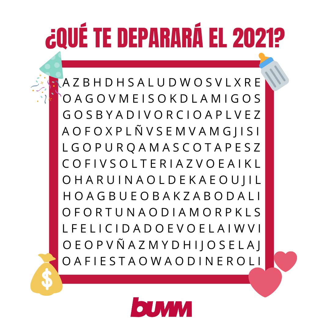 Quedan 13 días para terminar el año y muchos de vosotros os preguntaréis qué sorpresa os tiene preparado el 2021 🤔 ¡¡En BUMM os traemos un juego muy fácil y divertido!!🎉

👉🏼Comenta en este post las 3 primeras palabras que encuentres, que será lo que te deparará el 2021. 

#BUMM