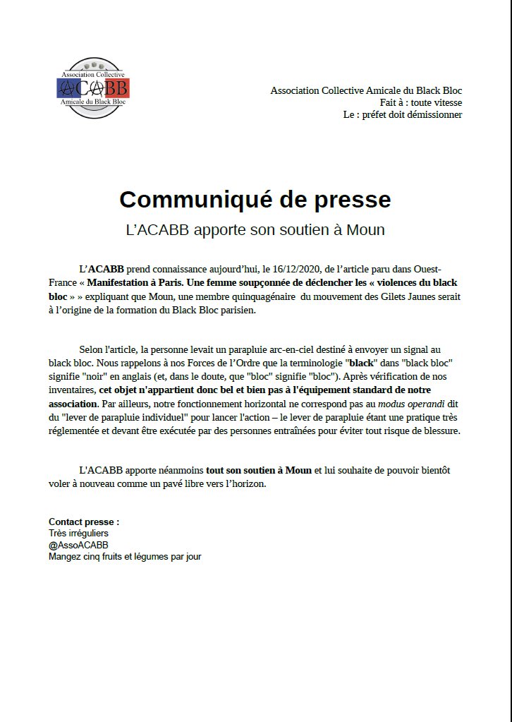 Je ne sais pas qui est derrière ce communiqué de “l’association collective amicale du Black Bloc” 😂mais tout y est parfait 👌🏽

Soutien à Moun donc &amp; à toutes les victimes des interpellations &amp; GAV arbitraires de ces dernières semaines (et toutes celles qui les ont précédées).