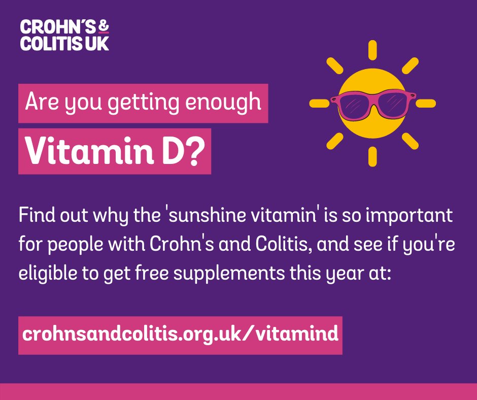 CrohnsColitisUK's tweet photo. Many people with Crohn's and Colitis are low in Vitamin D. Some research suggests that this could be making your Crohn's or Colitis worse. 

Find out why Vitamin D is so important, and see if you're eligible to get free supplements this year at: https://t.co/H5AA5LCqFv https://t.co/6lCjaltMIx