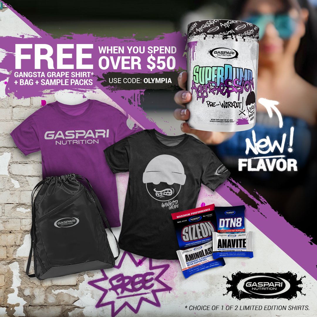 RichGaspari's tweet photo. 🍇 NEW Gangsta Grape #SuperPumpAggression is here 🍇 Spend $50+ and you’ll receive:
👕FREE t-shirt
🎒FREE drawstring bag
🔹FREE sample packs
Head to https://t.co/hxnuyTWMiN and use coupon code “OLYMPIA” at checkout! https://t.co/eAt3ftZNU3
