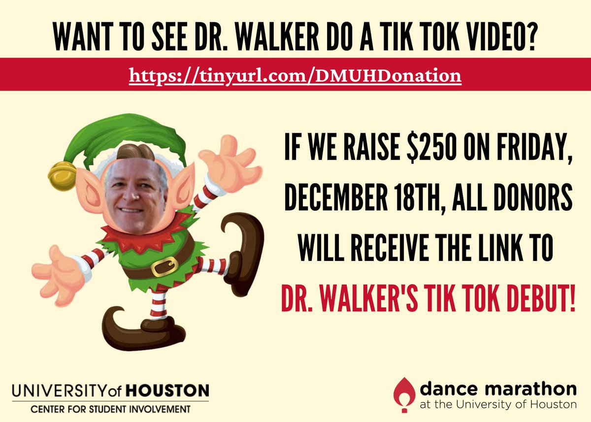 UH_DSA's tweet photo. Happy #CougarRedFriday, Coogs! If the Dance Marathon's Week of Giving raises $250 today, our own VP, Dr. Richard Walker, will make his debut on Tik Tok! This fundraiser helps the kids at Texas Children's Hospital this holiday season! https://t.co/Q8pzDH0i2u #DMUH https://t.co/1tCIol1BQ6