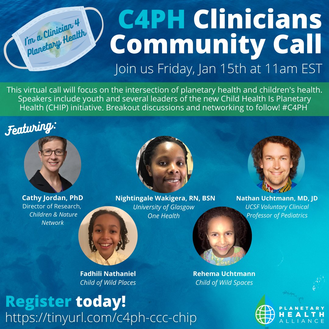 ph_alliance's tweet photo. Sign up today for our next Clinicians Community Call, Friday, January 15, 11:00am - 12:15 pm Eastern Time (UTC−04:00). This virtual call will focus on the intersection of planetary health and children's health. #C4PH. Register: https://t.co/4GZiET58FS https://t.co/ulEXp3lnBA
