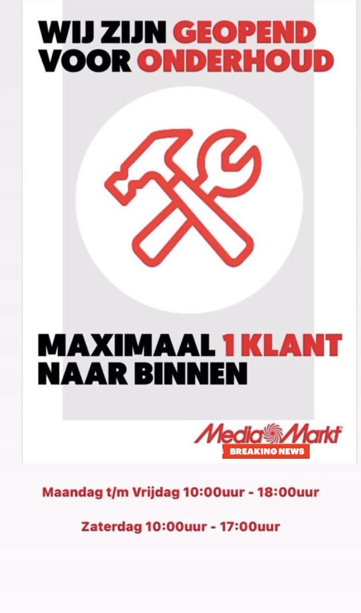 Wij zijn geopend voor onderhoud maandag t/m vrijdag van 10.00 uur t/m 18.00 uur en zaterdag van 10.00 uur t/m 17.00 uur. #mediamarktheerlen #mediamarktnederland #mediamarktnl #mediamarkt