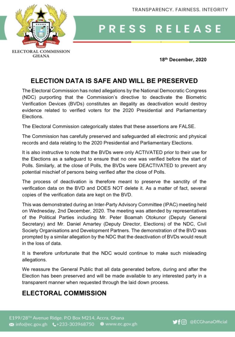 ECGhanaOfficial's tweet image. Press Update: Election data is safe and will be preserved