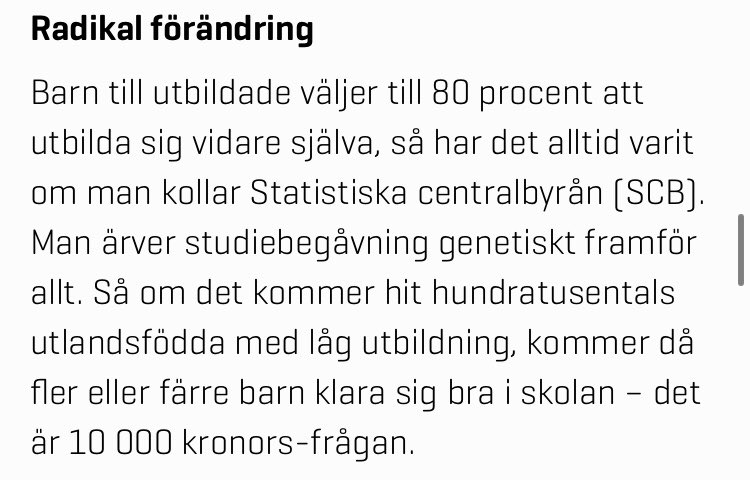Ska vi prata om rasismen från <a href="/RebeccaWUvell/">Rebecca Weidmo Uvell</a> igår? Hon tror att utlandsföddas låga utbildningsnivå handlar om genetiskt låg studiebegåvning. Det är svårt att hitta ett tydligare exempel på rasism än detta. Dags för andra på högerkanten att ta avstånd från Rebecca snart?