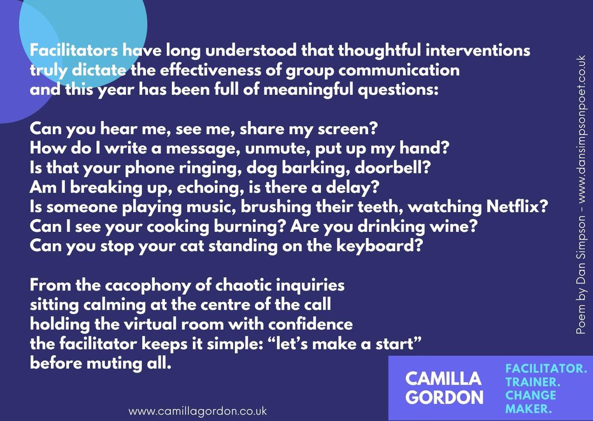 CamillaGordon's tweet image. Thank you to everyone who has made 2020 bearable and thank you to @dansimpsonpoet for summing up facilitating in 2020 so well. What’s been your top question from 2020? #iaf #iafmeetup