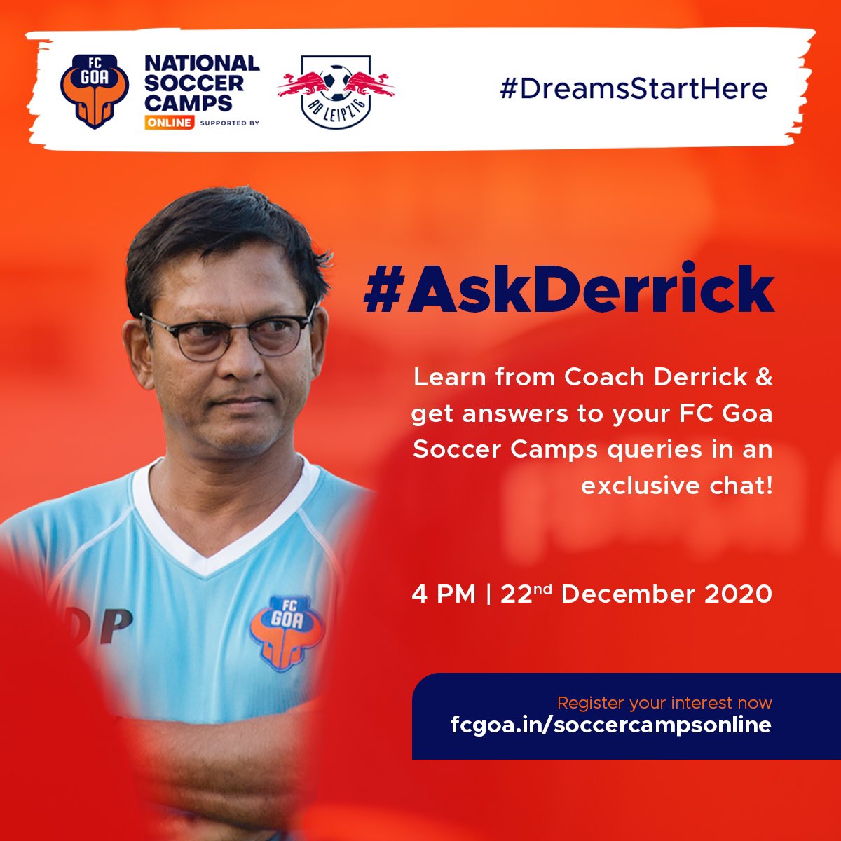 fcgacademy's tweet photo. FC Goa Technical Director Derrick Pereira is here to take you through the ins & outs of the FC Goa Soccer Camps program! 🤩
Be a part of the conversation & ask Coach Derrick exclusive tips by simply registering at https://t.co/opUS22asUp.
#DreamsStartHere #RiseAgain #AskDerrick https://t.co/vcumzHCSYz