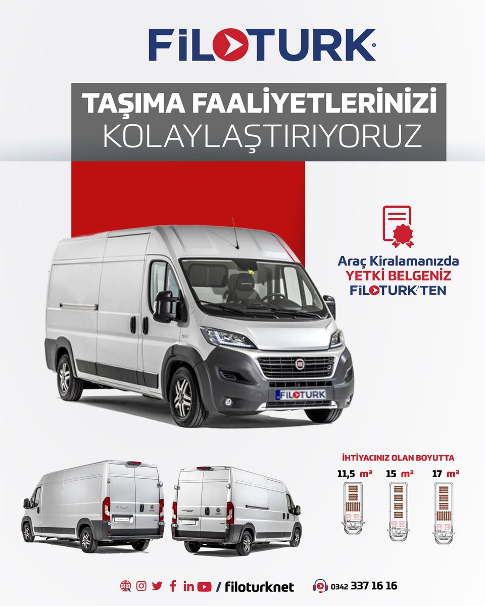 🔸<a href="/filoturknet/">FİLOTURK ARAÇ KİRALAMA HİZMETLERİ A.Ş.</a> 'te Taşıma faaliyetlerinizi kolaylaştırıyoruz. 🚐🚛
🗂️ Araç kiralamanızda "YETKİ BELGENİZ" #filotürk 'ten !!

filoturk.net
+90 (342) 337 16 16
info@filoturk.net
▫
#Filotürk #Filotürknet #Filo #Rent