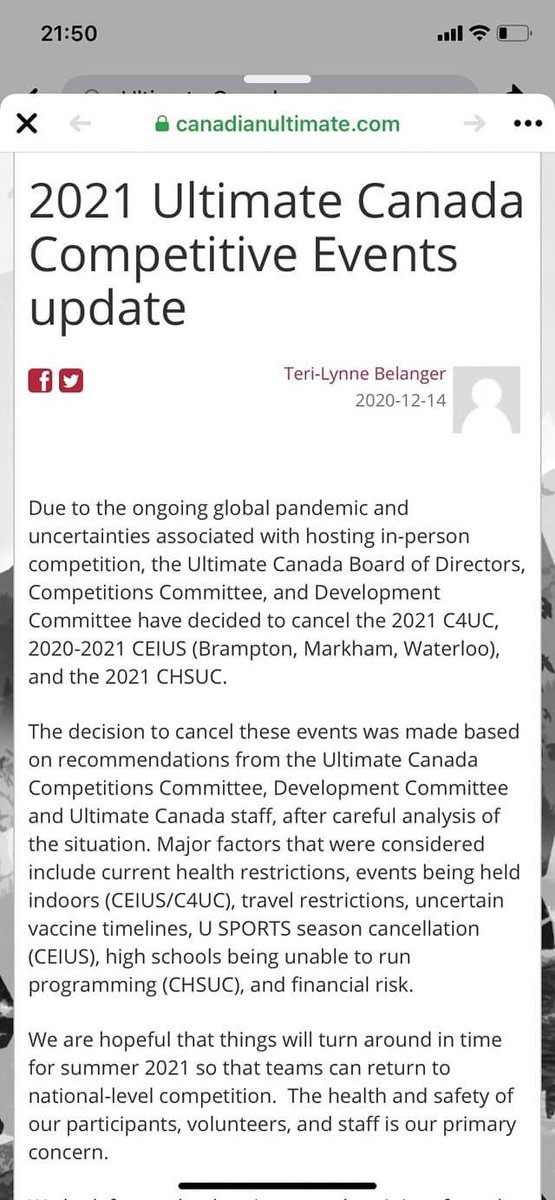 PhilThivierge's tweet photo. Le Championnat Canadien d’Ultimate à 4 2021 est annulé par @UltimateCanada #C4UC. https://t.co/wDYaLGRIyg