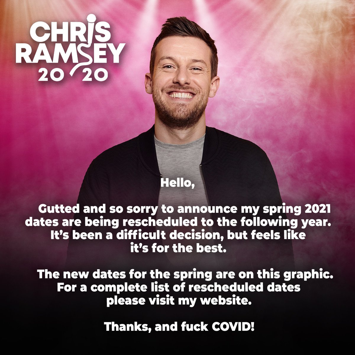 IAmChrisRamsey's tweet photo. Announcement about my stand up tour... (which should absolutely never ever ever have been called ‘The 2020’ tour. Lesson learned.) https://t.co/clMQnVqwwC