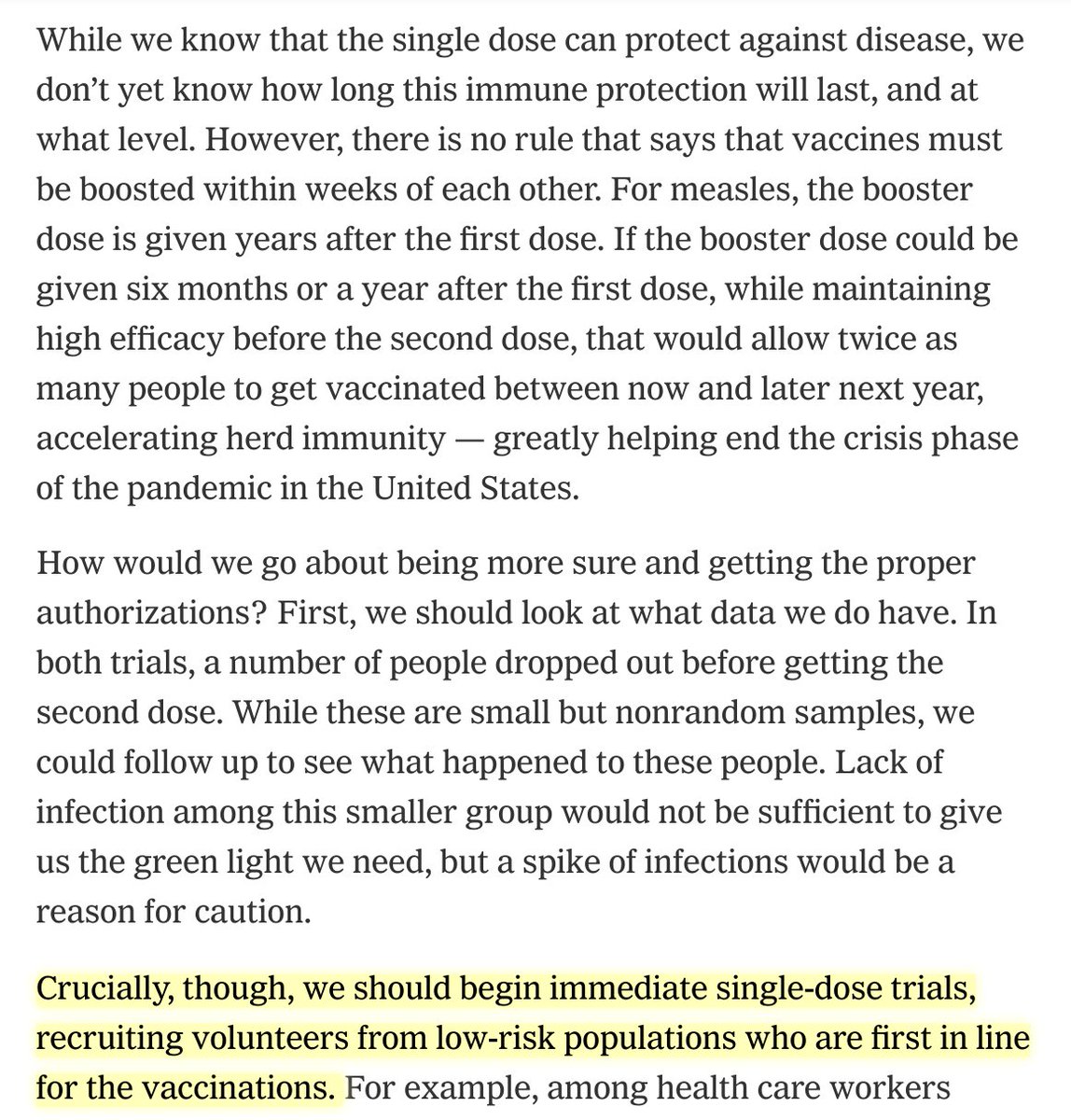 If we move fast with trials for a single-dose vaccine, we might be able to double the number of people we can quickly vaccinate—ending this crisis sooner, helping with vaccine equity, and saving many lives. New piece from  @michaelmina_lab and me.  https://www.nytimes.com/2020/12/18/opinion/coronavirus-vaccine-doses.html