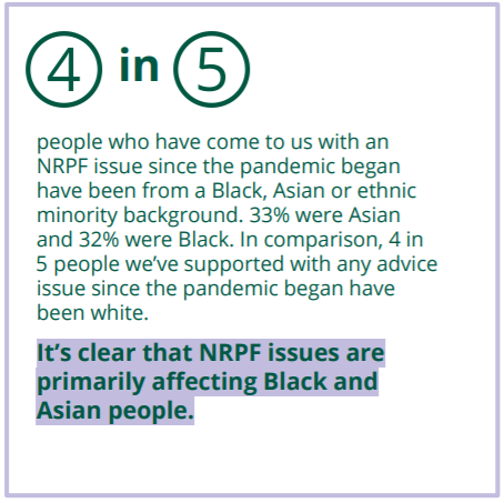 It’s striking to me that 4 in 5 people we’ve helped with NRPF since March have been from a BAME background. As an immigration caseworker at  @TUPLDN, I noticed that most people I worked with were black women. This is clearly a law that’s hitting BAME people hardest (2/2)
