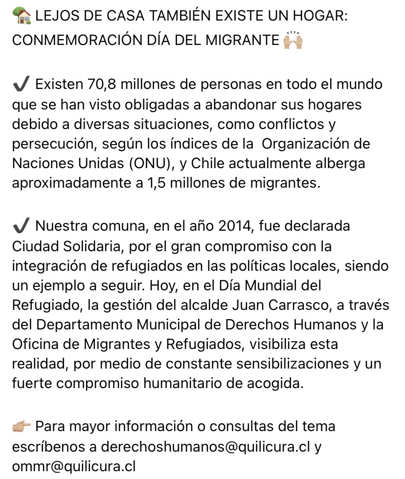 muniquilicura's tweet photo. 🏡 LEJOS DE CASA TAMBIÉN EXISTE UN HOGAR: CONMEMORACIÓN DÍA DEL MIGRANTE 🙌🏼

👉🏼 Para mayor información o consultas del tema escríbenos a derechoshumanos@quilicura.cl y ommr@quilicura.cl https://t.co/ckanCXld8I