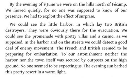 The big lie starts almost immediately though with the description of two British destroyers in the harbour, enemy movement and evacuation. None of this is true. Evacuation from this part of the coast wasn't even under consideration yet as the Allies were falling back to Le Havre.