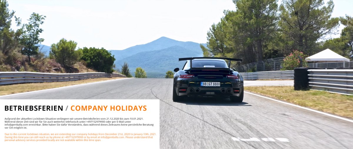 Due to the current lockdown situation, we are extending our company holidays from December 21st, 2020 to January 10th, 2021. During this time you can still reach us by phone at +497152979900 or by email at info@gemballa.com.