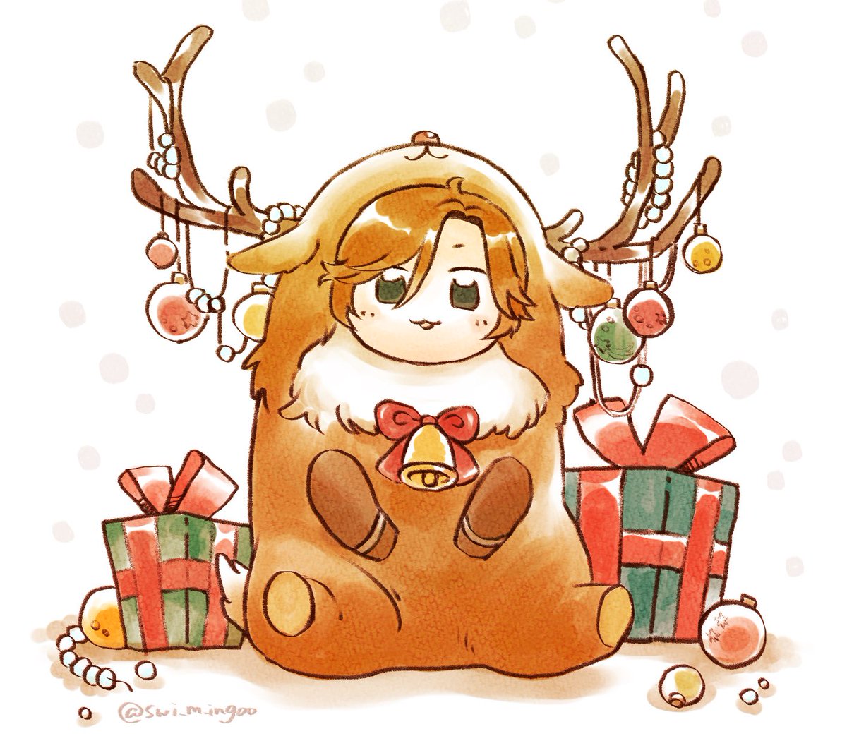 animal costume green eyes solo gift bell reindeer costume male focus  illustration images