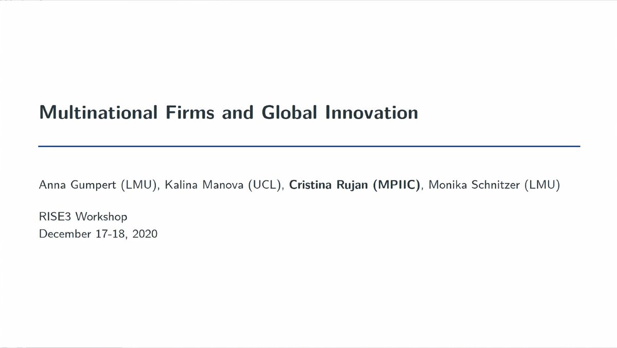 f_poege's tweet image. Next up: @Cris_Rjn (@mpi_inno_comp) and co-authors study how multinational firms organize their global innovation activities. More productive MNCs innovate more intensively, offshore more innovation and do so within firm boundaries. #RISE3workshop (w @MonikaSchnitzer ..)