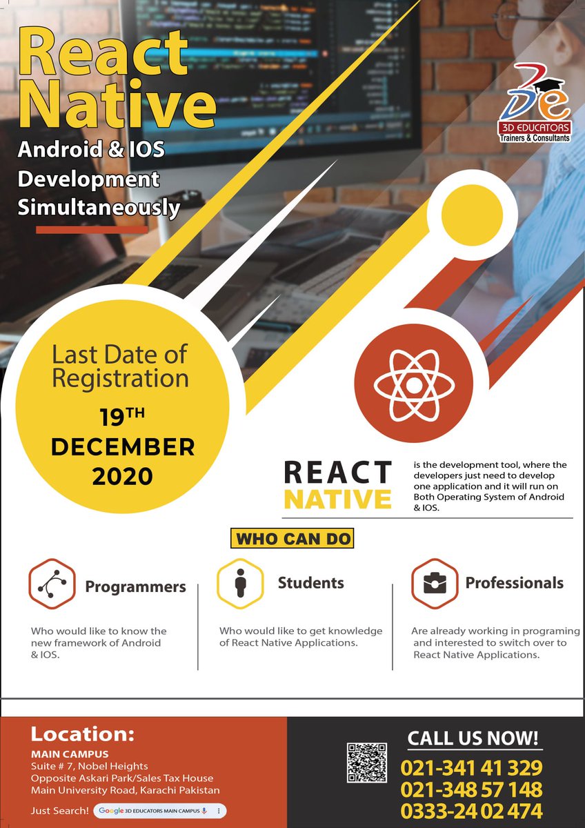 3deducators's tweet image. Professional React Native Training - 3D Educators
3D EDUCATORS is one of the institutes which offers the latest technology in Pakistan and concern countries.
Call us: 02134141329
WhatsApp: +923122059235
#reactnative #ReactNativeTraining #React #Training #Education
