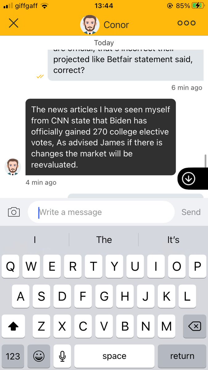 JColossus's tweet photo. @Betfair think it’s ok. To go off PROJECTED college elective vote. I said “there not even official Jan 20 2021 the inaugural process is the only date in the US constitution” He told me he’d seen it on CN fucking N #Unbelievable BF are getting sued when Trump wins #Betfairscam https://t.co/124D2OkbBO