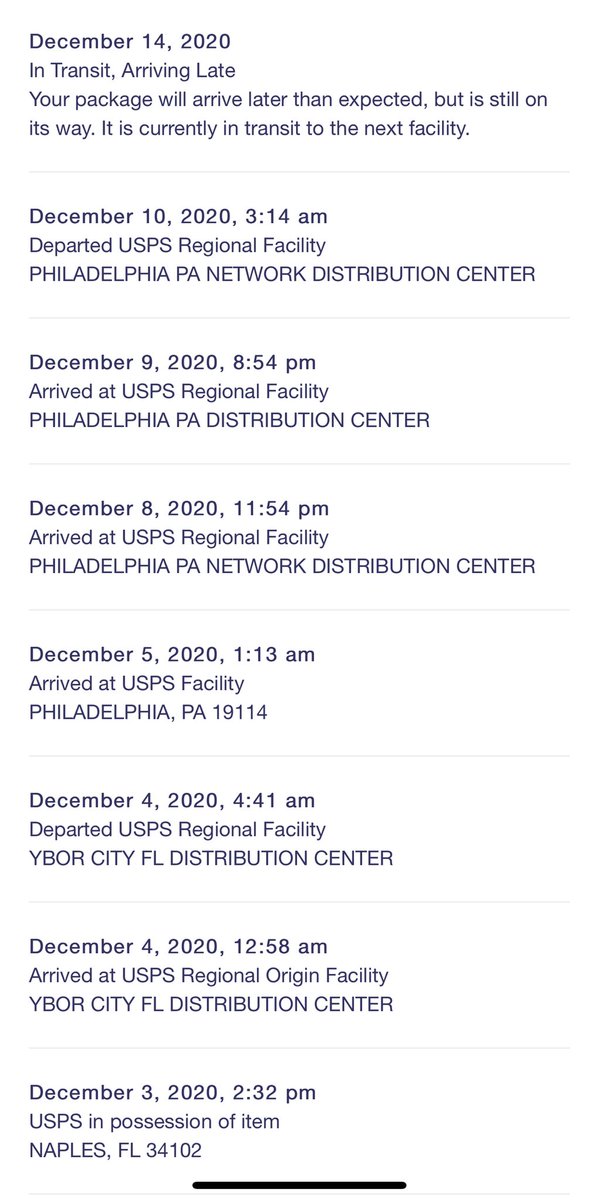 Here’s what tracking on a package my mom sent to me from Florida on Dec. 3 looks like. It arrived in Philly Dec. 5, but has just sat there ever since. This is what customers and businesses across the region are seeing.