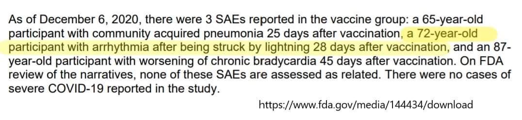 Por si alguien tiene duda acerca de los controles de seguridad que se hacen para comercializar vacunas, y en particular de las nuevas vacunas para la ##COVID.

Ejemplo de efectos adversos severos reportados:

72 años, le que le cayó un rayo a los 28 días de vacunarse