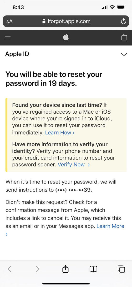 Downtown_Davis's tweet photo. @AppleSupport 19 days before my password can be reset?! Will you be paying my phone bill during this time?? https://t.co/6K23Gguum3