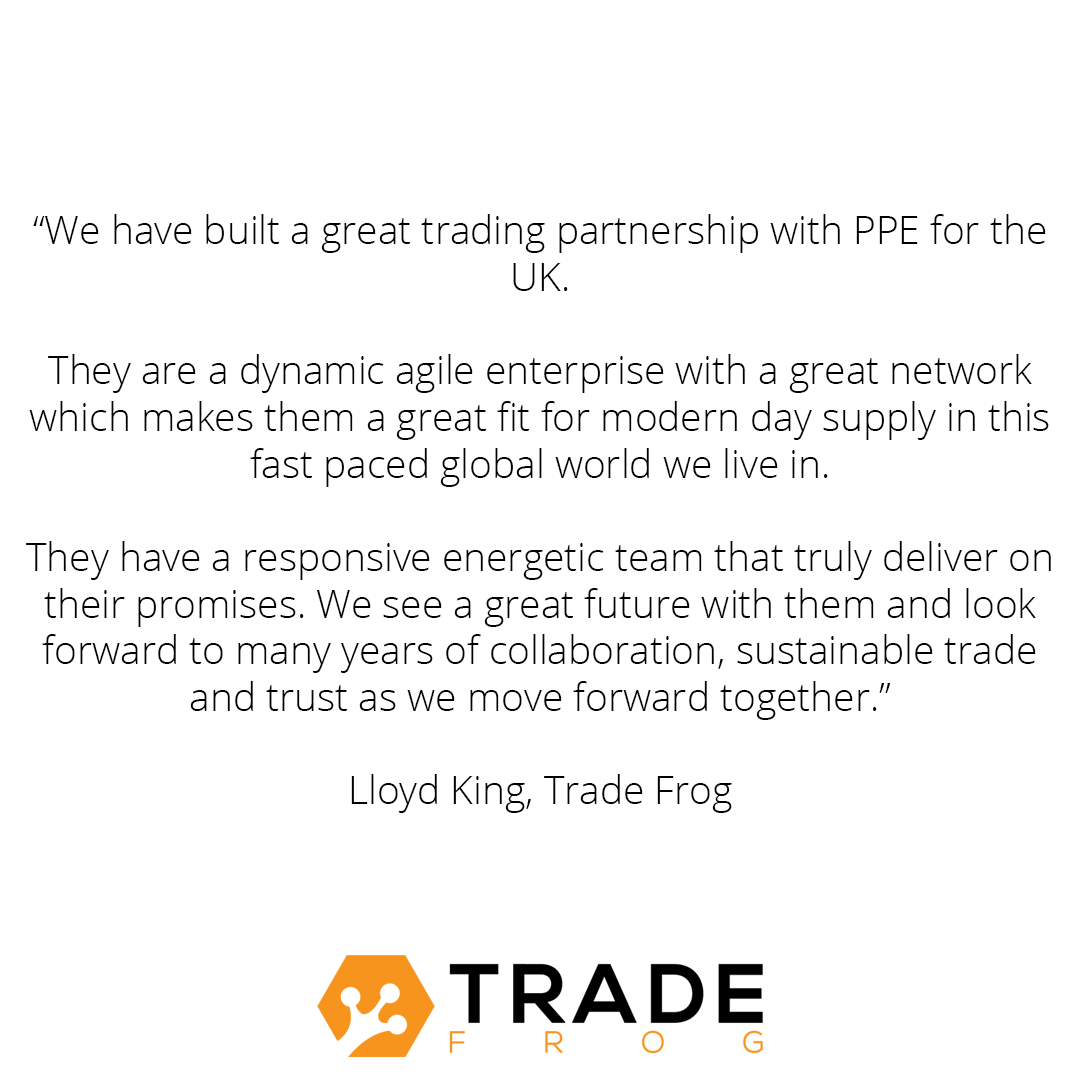 Ppe4U's tweet photo. At PPE for the UK, we pride ourselves on establishing strong relationships with both our supply network and customer base. As a result, it was fantastic to receive such positive feedback from Lloyd King, General Manager of Trade Frog.

#ppe #ppesupply https://t.co/YWkRU2if66