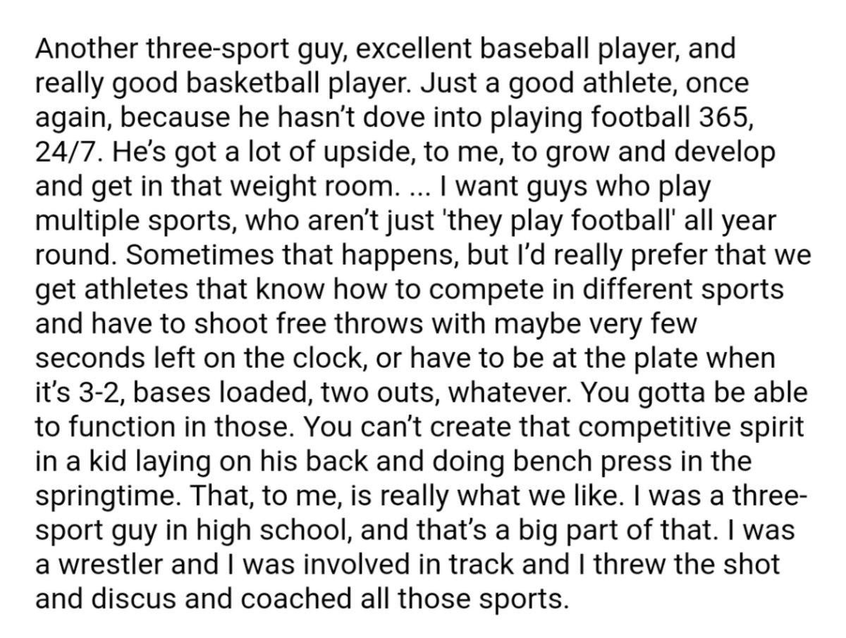 CoachClarkeWAT's tweet photo. IU Football Coach Tom Allen’s quote regarding a recent recruit. There is sooo much power and truth in this statement. Please have your kiddos experience and participate in as many sports/ activities as possible (especially prior to HS). https://t.co/f9SYqYySWx
