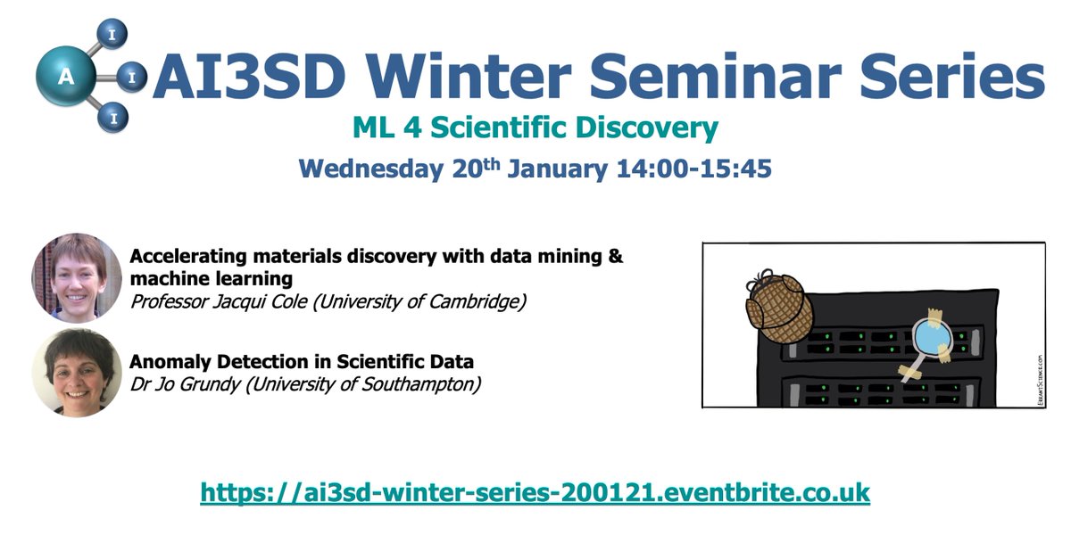AISciNet (@aiscinet) on Twitter photo Register for our 4th #AI3SD Winter Seminar: 20/01: ML 4 Scientific Discovery …winter-series-200121.eventbrite.co.uk Speakers: Professor Jacqui Cole of <a href="/MolecularEngine/">MolecularEngineering</a> and Dr Jo Grundy of <a href="/ECSUoS/">Electronics Comp Sci</a>! #ML #MachineLearning #ArtificialIntelligence #AI #ScientificDiscovery #Data #DataScience Register for our 4th #AI3SD Winter Seminar: 20/01: ML 4 Scientific Discovery …winter-series-200121.eventbrite.co.uk Speakers: Professor Jacqui Cole of <a href="/MolecularEngine/">MolecularEngineering</a> and Dr Jo Grundy of <a href="/ECSUoS/">Electronics Comp Sci</a>! #ML #MachineLearning #ArtificialIntelligence #AI #ScientificDiscovery #Data #DataScience