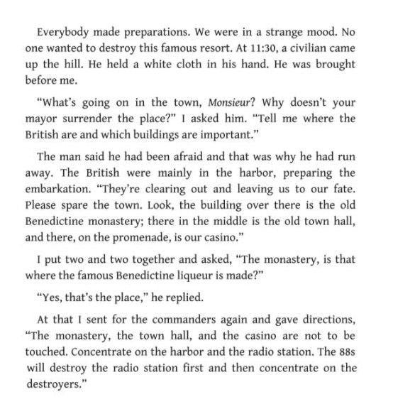 Nowhere is there any reference to two destroyers entering Fecamp AND remaining there overnight. Or any ship, of any type. Burt lets indulge von Luck a little longer. Now we get to the real chivalry.