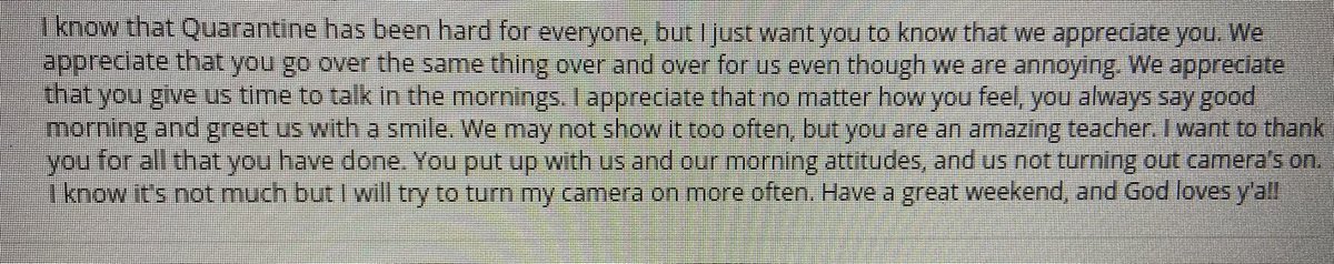 This message made my day. <a href="/FMS_BCPS/">Franklin Middle BCPS</a>  students showing EMPATHY for teachers.🥰