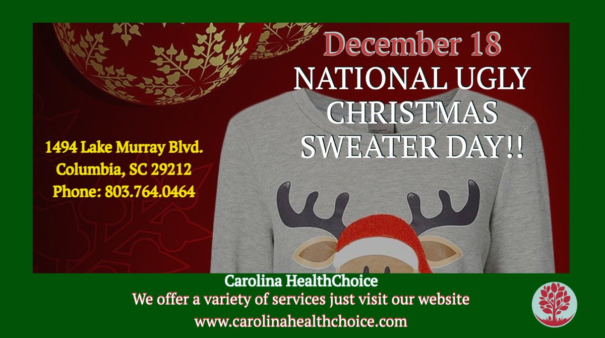 Carolinahchoice's tweet photo. Today is National Ugly Sweater Day Family!

Be sure to send us a pic of your ugly sweaters Today!!

Carolina HealthChoice
1494 Lake Murray Blvd.
803-764-0464

#uglysweater #sweater #christmas #globe #sweaterday #graysweater #reindeer #bells #christmasbells https://t.co/0KohyYjIRV