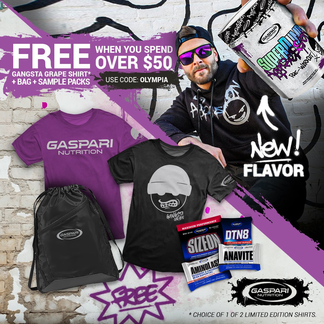 RichGaspari's tweet photo. NEW Gangsta Grape #SuperPumpAggression is here 🍇 Spend $50+ and you’ll receive:
👕FREE t-shirt
🎒FREE drawstring bag
🔹FREE sample packs
Head to https://t.co/hxnuyTWMiN and use coupon code “OLYMPIA” at checkout 💪 https://t.co/jwOWUfY8yf
