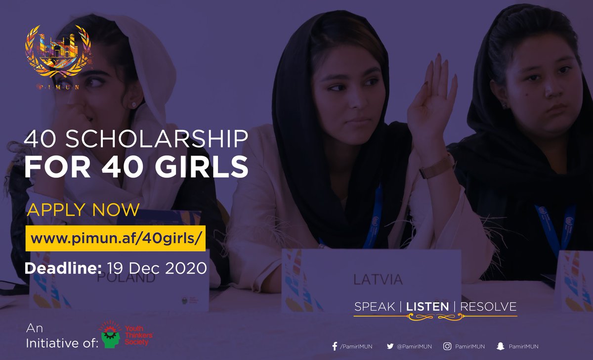 pamirimun's tweet photo. Fully funded scholarship is available for female students from across Afghanistan to attend the PIMUN 2020 in Kabul. Scholarship covers their round-trip travel cost (by road or air), accommodation in Kabul and all meals during the conference. 
Apply Now: https://t.co/jIt4SBISmZ https://t.co/xA4k8W30j5