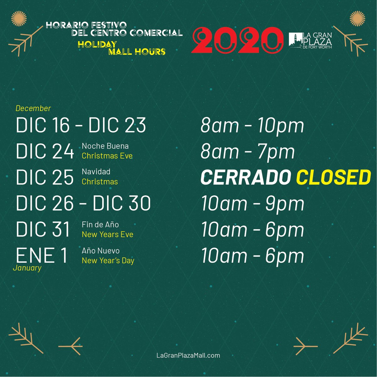 Compras de último momento? aquí el horario Festivo del Centro Comercial. 
Last minute shopping? here is the Holiday Mall Hours.