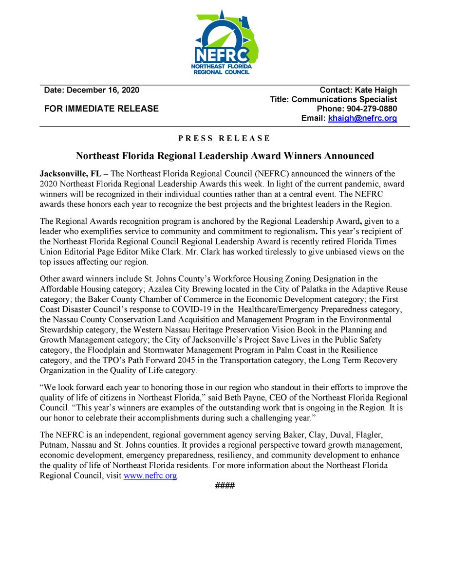 FlNassau's tweet photo. Nassau County has received two Awards for Excellence from the Northeast Florida Regional Council. #NassauFlorida

Please see attached Press Release from the NEFRC for more information. https://t.co/ToZYcvtZ4N