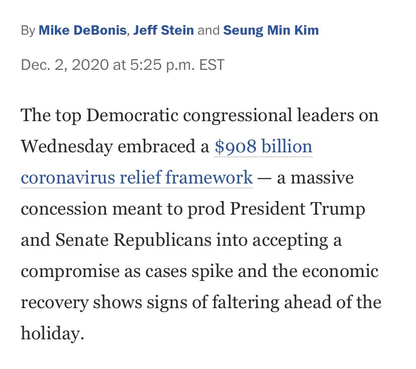 Let’s take the 12/2 decision by Dem leaders to endorse the 900B bipartisan frame. These kinds of negotiations are all about that baseline- you fight like hell to give an inch. Pelosi/Mnuchin had a $1.8B baseline. Securing no concessions, Dem leaders *halved* the baseline to 900B.
