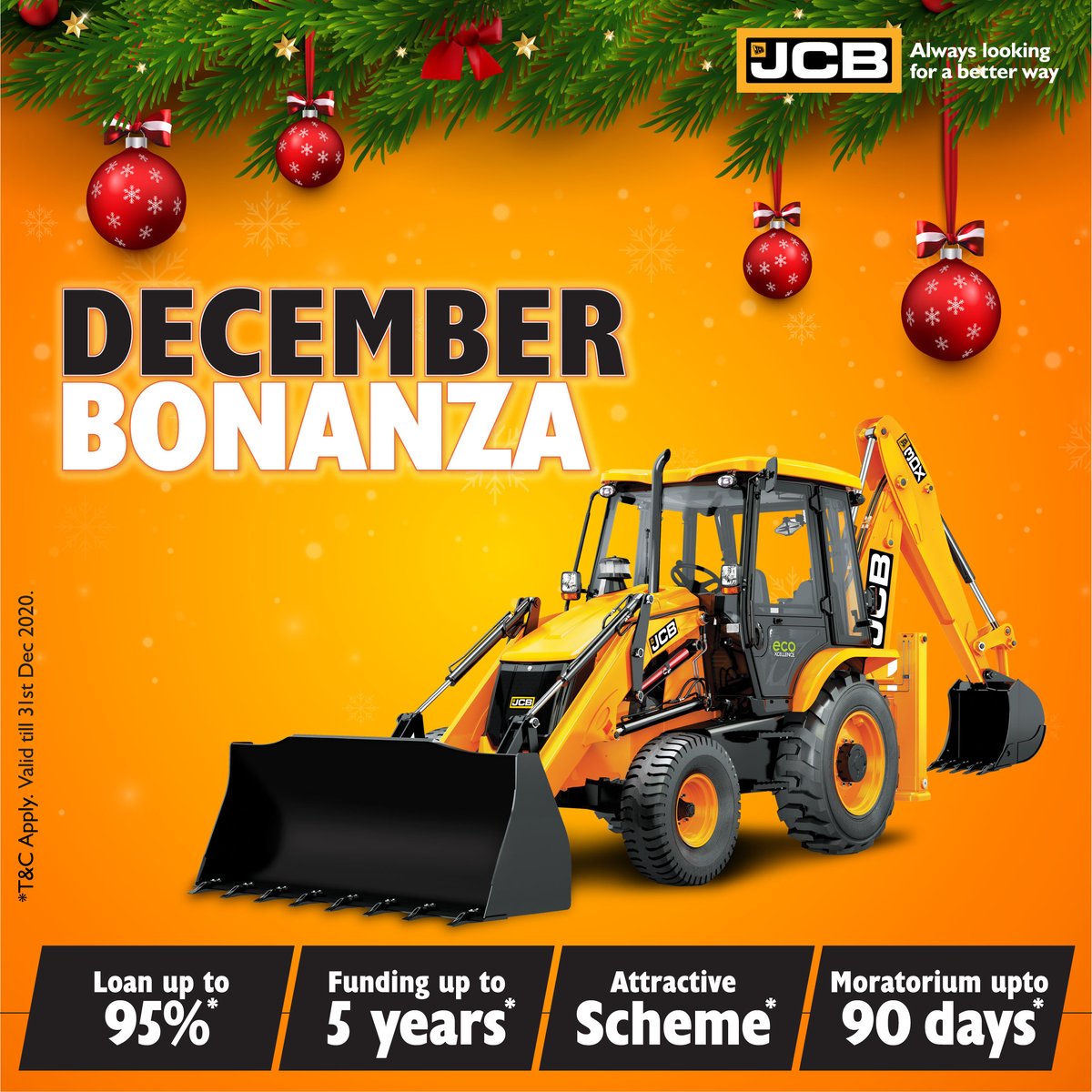 JCBIndiaLtd's tweet photo. This festive season, don’t miss out on the offers on JCB range of products. Contact your nearest dealer today. Hurry! Offer valid till 31st December 2020. #ChristmasOffers #JCBOffers #FestiveOffers #BackhoeLoaderOffers #ExcavatorsOffers #WheeledLoaderOffers #Offers2020 #JCBIndia https://t.co/yj102yb4Tc
