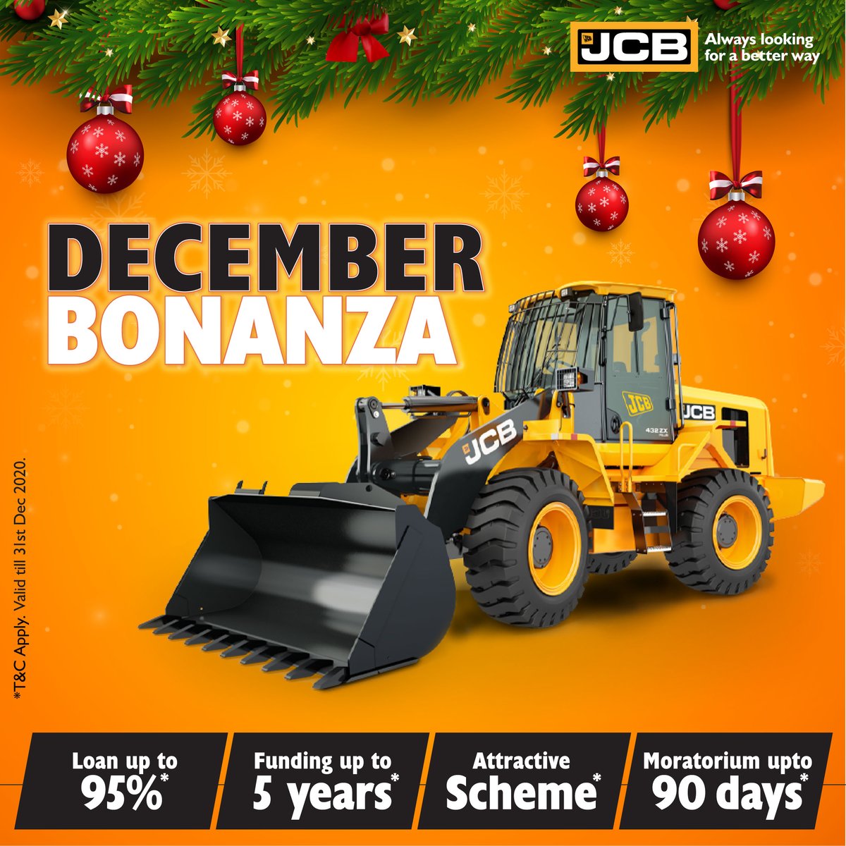 JCBIndiaLtd's tweet photo. This festive season, don’t miss out on the offers on JCB range of products. Contact your nearest dealer today. Hurry! Offer valid till 31st December 2020. #ChristmasOffers #JCBOffers #FestiveOffers #BackhoeLoaderOffers #ExcavatorsOffers #WheeledLoaderOffers #Offers2020 #JCBIndia https://t.co/yj102yb4Tc