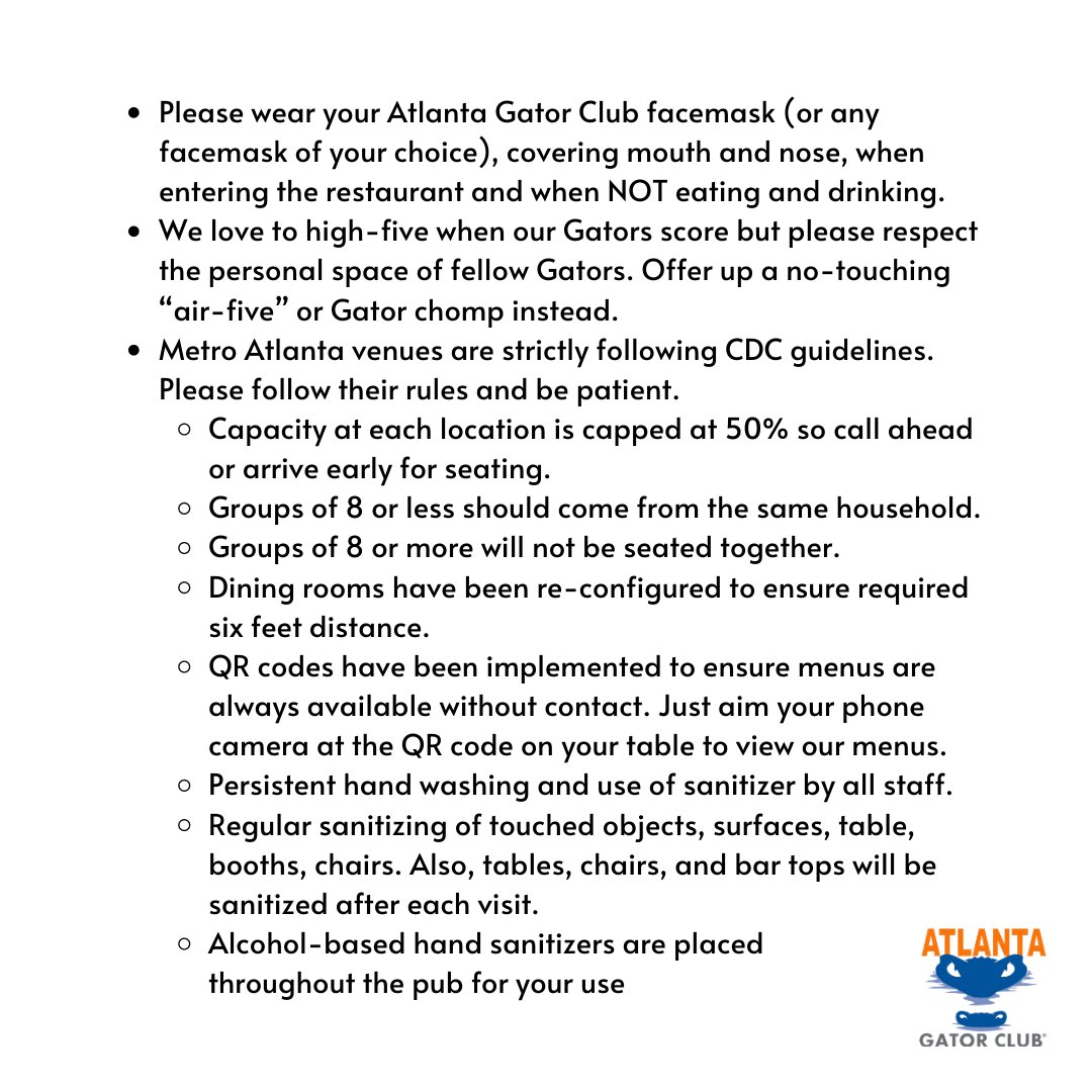 atlgatorclub's tweet photo. Tomorrow is #GAMEDAY! If you will be in Atlanta, check out our SEC Championship Viewing Party locations and COVID-19 safety guidelines.
#GoGators #BeatBama #AtlantaGatorClub @ufalumni @GatorsFB https://t.co/HT5h7nlN0Q
